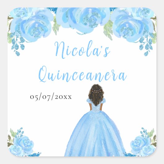 Dark Skin Princess Blue Floral Quinceanera Vierkante Sticker (Voorkant)