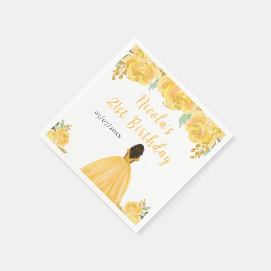 Dark Skin Princess Gold Floral Birthday Party Servet (Hoek)