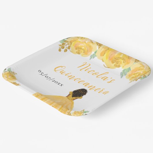 Dark Skin Princess Gold Floral Quinceanera Papieren Bordje (Gebogen)