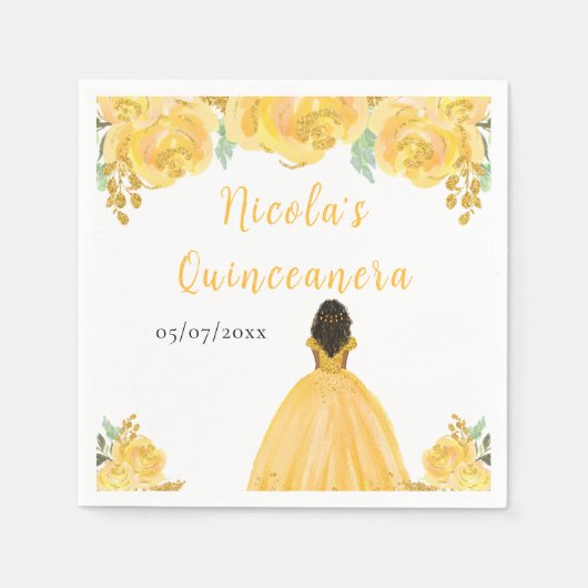 Dark Skin Princess Gold Floral Quinceanera Servet (Voorkant)