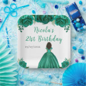 Dark Skin Princess Green Floral Birthday Party Papieren Bordje (Feest)