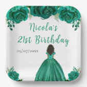 Dark Skin Princess Green Floral Birthday Party Papieren Bordje (Voorkant)