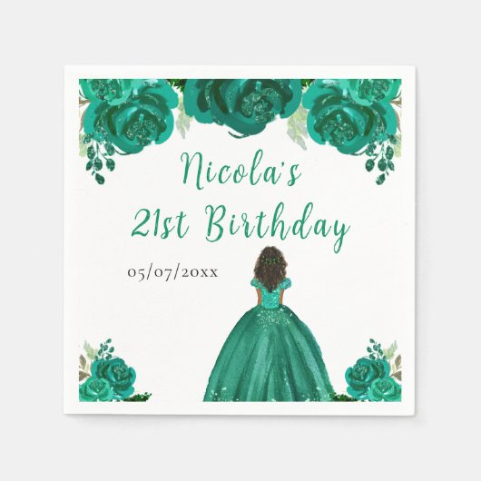 Dark Skin Princess Green Floral Birthday Party Servet (Voorkant)
