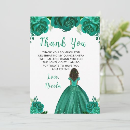 Dark Skin Princess Green Floral Quinceanera Bedankkaart (Staand voorkant)