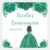 Dark Skin Princess Green Floral Quinceanera Vierkante Sticker (Voorkant)