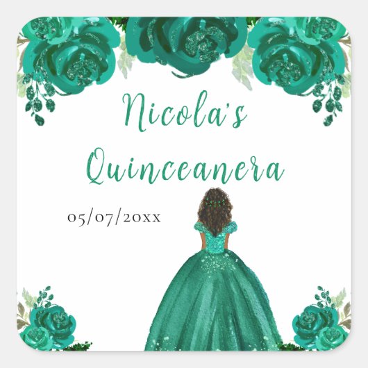 Dark Skin Princess Green Floral Quinceanera Vierkante Sticker (Voorkant)
