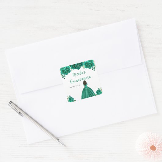 Dark Skin Princess Green Floral Quinceanera Vierkante Sticker (Envelop)