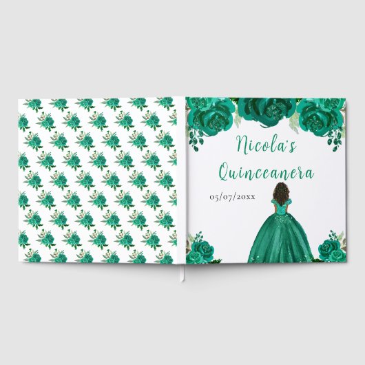 Dark Skin Princess Green Quinceanera Guest Book Gastenboek (Volledig)