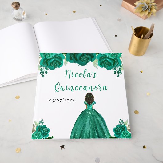 Dark Skin Princess Green Quinceanera Guest Book Gastenboek (Voorkant open)