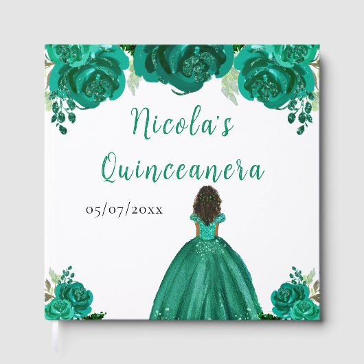 Dark Skin Princess Green Quinceanera Guest Book Gastenboek (Voorkant)