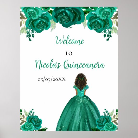 Dark Skin Princess Green Quinceanera Welcome Poster (Voorkant)