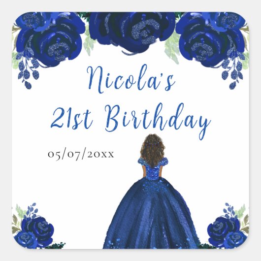 Dark Skin Princess Navy Floral Birthday Party Vierkante Sticker (Voorkant)
