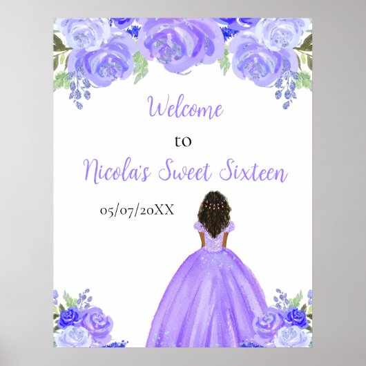 Dark Skin Princess Paarse Sweet Sixteen Welkom Poster (Voorkant)