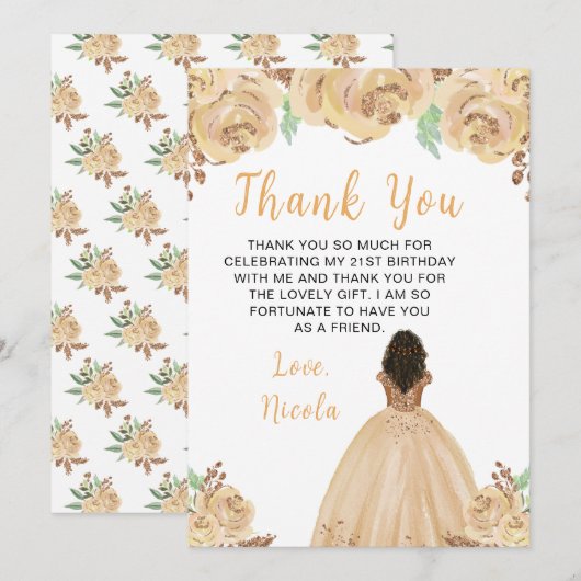 Dark Skin Princess Peach Floral Birthday Party Bedankkaart (Voorkant / Achterkant)