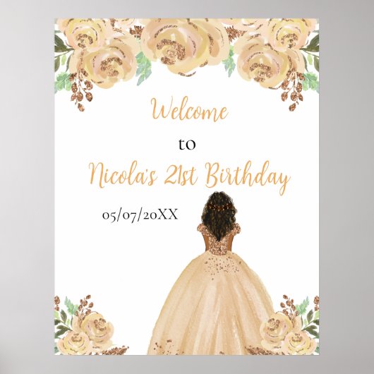 Dark Skin Princess Peach Floral Birthday Welcome Poster (Voorkant)