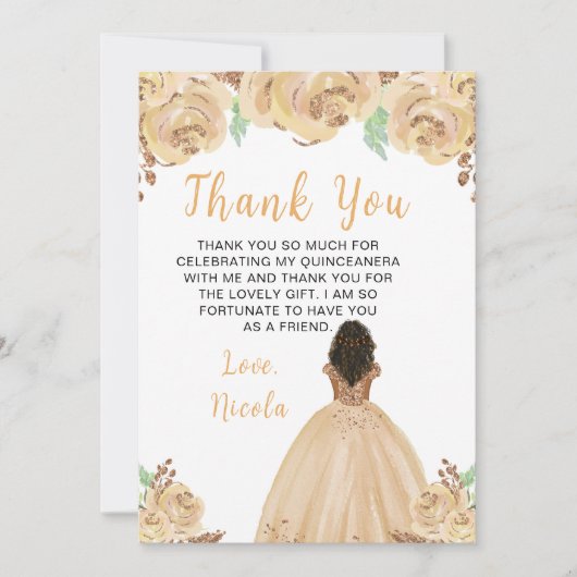 Dark Skin Princess Peach Floral Quinceanera Bedankkaart (Voorkant)