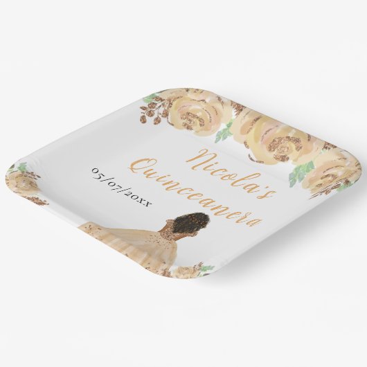 Dark Skin Princess Peach Floral Quinceanera Papieren Bordje (Gebogen)