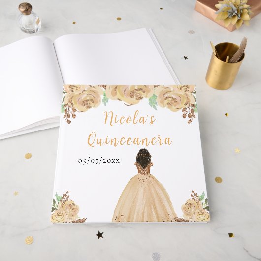 Dark Skin Princess Peach Quinceanera Guest Book Gastenboek (Voorkant open)