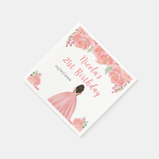 Dark Skin Princess Pink Floral Birthday Party Servet (Hoek)