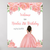 Dark Skin Princess Pink Floral Birthday Welcome Poster (Voorkant)