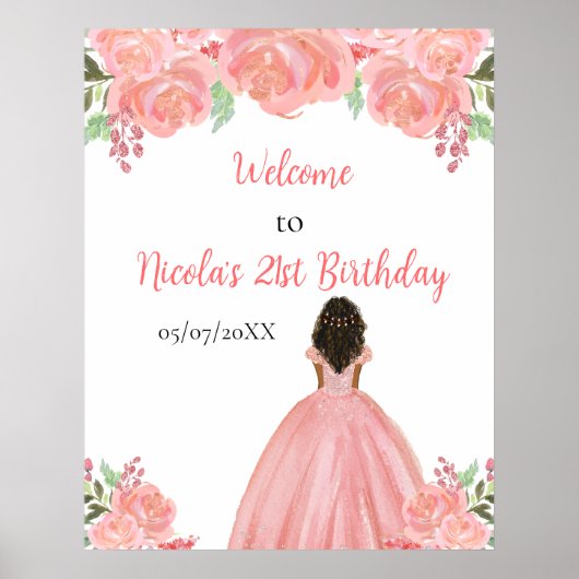 Dark Skin Princess Pink Floral Birthday Welcome Poster (Voorkant)