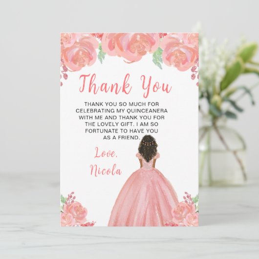 Dark Skin Princess Pink Floral Quinceanera Bedankkaart (Staand voorkant)