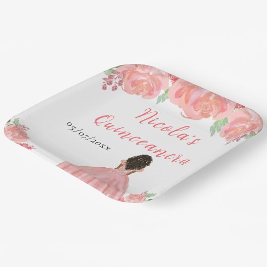 Dark Skin Princess Pink Floral Quinceanera Papieren Bordje (Gebogen)
