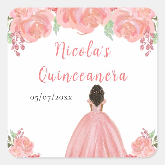 Dark Skin Princess Pink Floral Quinceanera Vierkante Sticker (Voorkant)