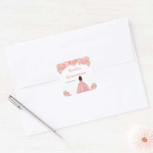 Dark Skin Princess Pink Floral Quinceanera Vierkante Sticker (Envelop)