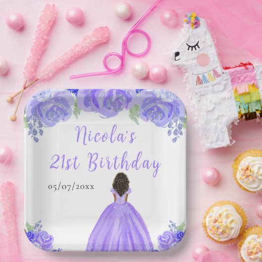 Dark Skin Princess Purple Floral Birthday Party Papieren Bordje (Feest)