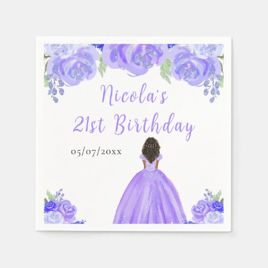 Dark Skin Princess Purple Floral Birthday Party Servet (Voorkant)