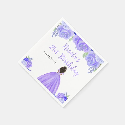 Dark Skin Princess Purple Floral Birthday Party Servet (Hoek)