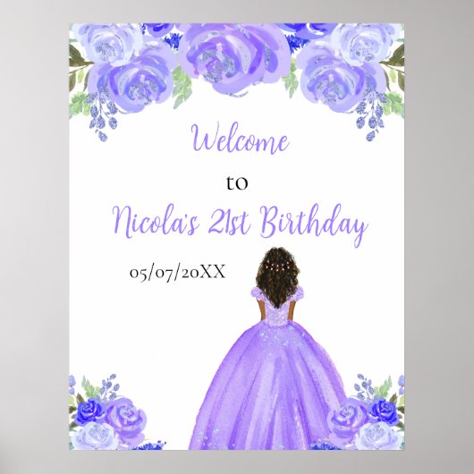 Dark Skin Princess Purple Floral Birthday Welcome Poster (Voorkant)