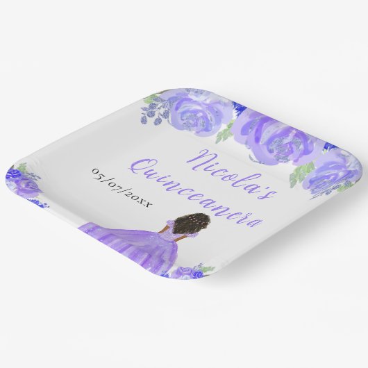 Dark Skin Princess Purple Floral Quinceanera Papieren Bordje (Gebogen)