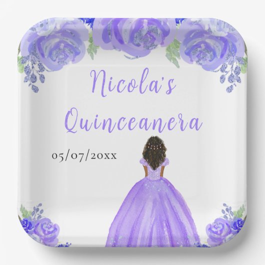 Dark Skin Princess Purple Floral Quinceanera Papieren Bordje (Voorkant)