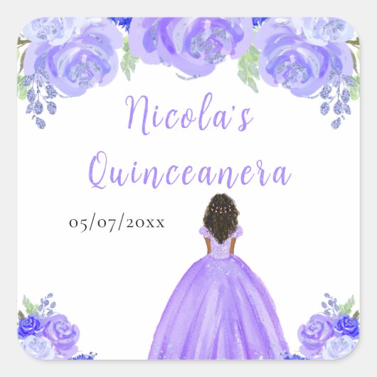 Dark Skin Princess Purple Floral Quinceanera Vierkante Sticker (Voorkant)