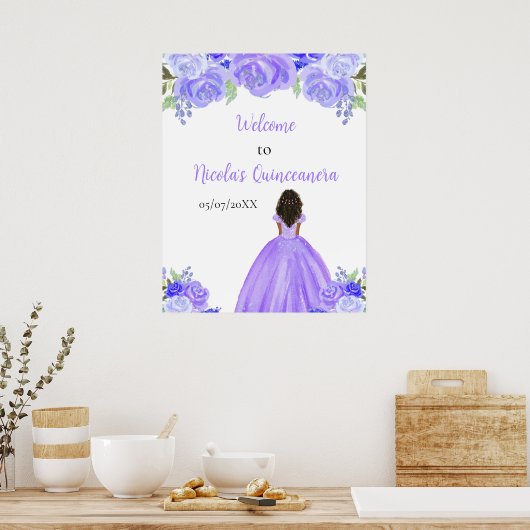 Dark Skin Princess Purple Quinceanera Welcome Poster (Keuken)