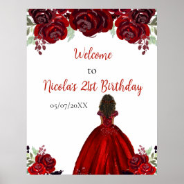 Dark Skin Princess Red Birthday Welcome Poster