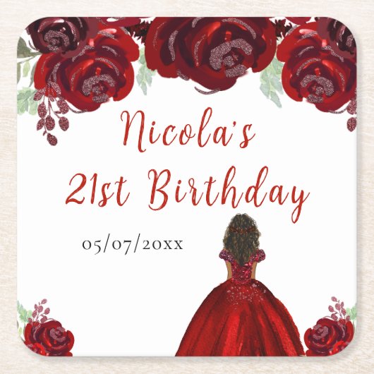Dark Skin Princess Red Floral Birthday Kartonnen Onderzetters (Voorkant)
