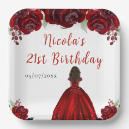 Dark Skin Princess Red Floral Birthday Papieren Bordje