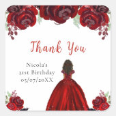 Dark Skin Princess Red Floral Birthday Vierkante Sticker (Voorkant)
