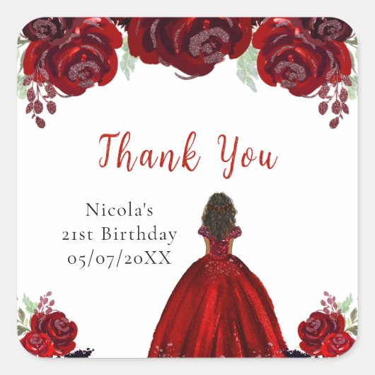 Dark Skin Princess Red Floral Birthday Vierkante Sticker (Voorkant)
