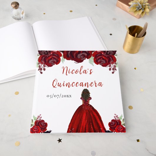 Dark Skin Princess Red Quinceanera Guest Book Gastenboek (Voorkant open)