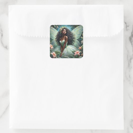 Dark-Skinned Fairy In Mint Green Botanical Vierkante Sticker (Tas)