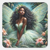 Dark-Skinned Fairy In Mint Green Botanical Vierkante Sticker (Voorkant)
