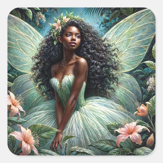 Dark-Skinned Fairy In Mint Green Botanical Vierkante Sticker (Voorkant)