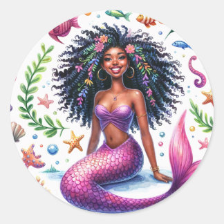 Dark-Skinned Mermaid With Pink Tail Ronde Sticker