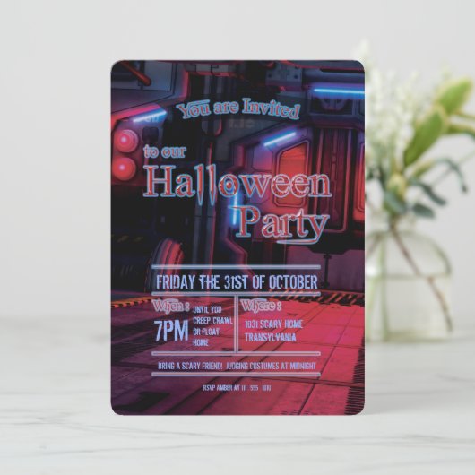 Dark Space Station Door Halloween Party Uitnodigin Kaart (Staand voorkant)