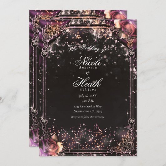 Dark Sparkle Glitter Glam Lights Floral Wedding Kaart (Voorkant / Achterkant)