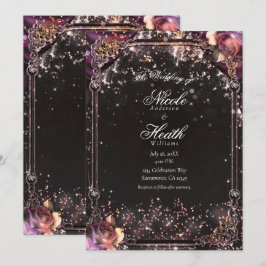 Dark Sparkle Glitter Glam Lights Floral Wedding Kaart